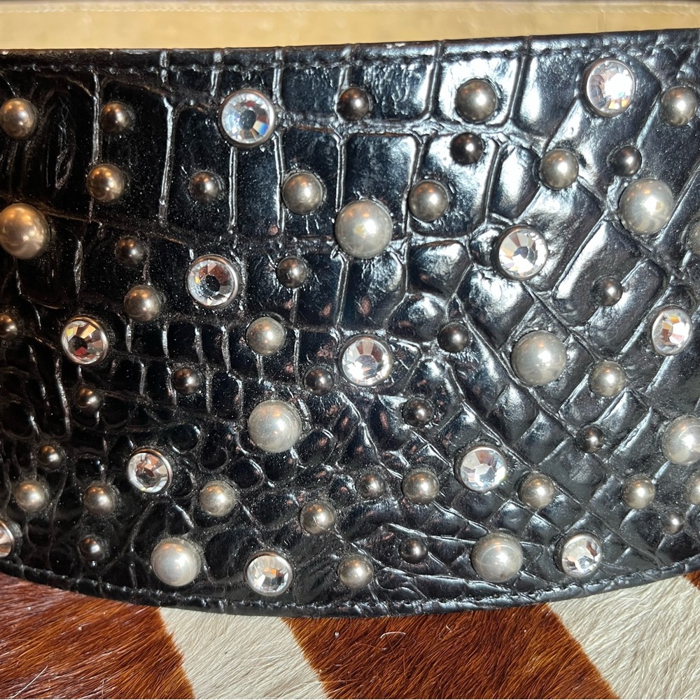 Vintage wide B.B. Simon Black Swarovski harness waist cinch bucket belt - Picture 9 of 13